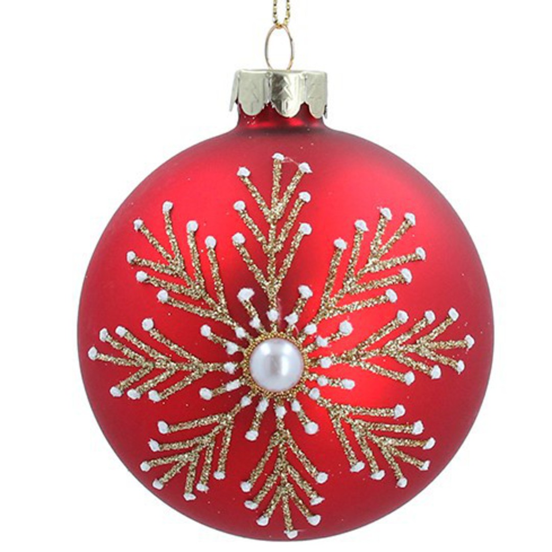 Glass Ball Mat Red, Gold Snowflake Pearl 8cm image 0